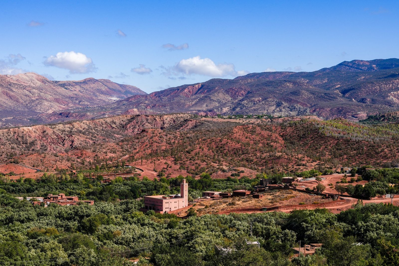 Atlas Mountains valley with a Berber village among green terraces