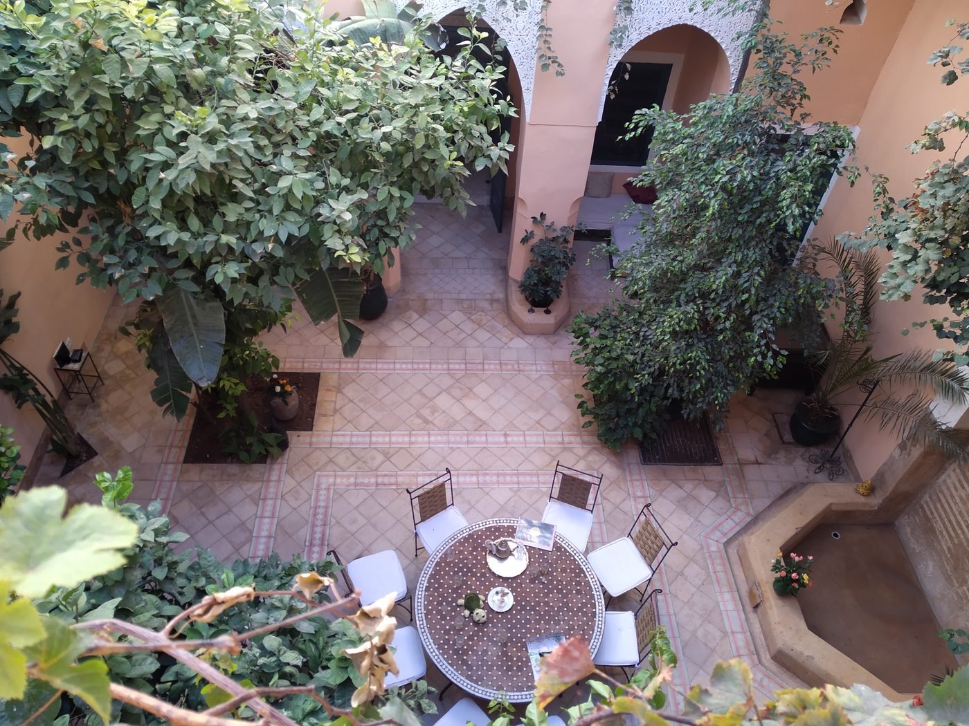 Lush riad courtyard with orange trees in Marrakech